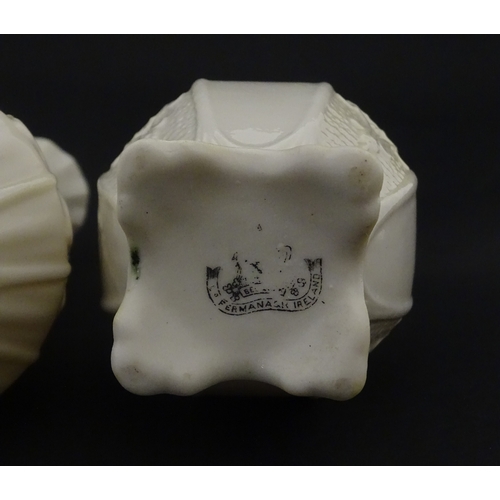106 - Three Belleek vases to include a small Calla Lily Nile vase, a Shamrock spill vase of conical form, ... 
