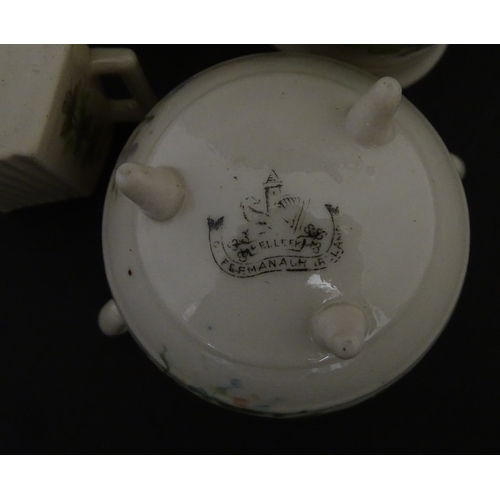 108 - Five items of Belleek porcelain decorated with hand painted shamrock detail to include a sugar bowl,... 
