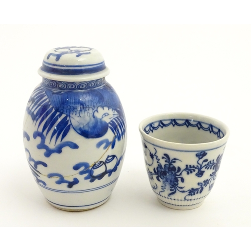 56 - A Chinese blue and white jar and cover decorated with Character script and stylised bird. Together w... 