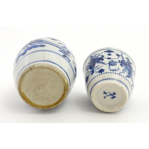 56 - A Chinese blue and white jar and cover decorated with Character script and stylised bird. Together w... 