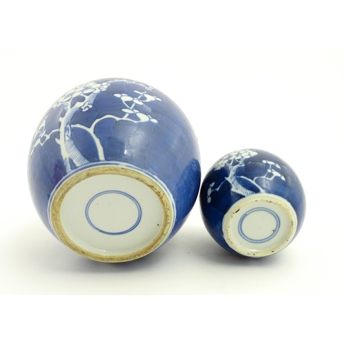 67 - Two Chinese blue and white ginger jars with prunus blossom detail. Largest approx. 6 1/2
