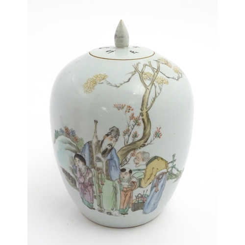 69 - A Chinese famille rose ginger jar / vase and cover of ovoid form decorated with figures in a landsca... 
