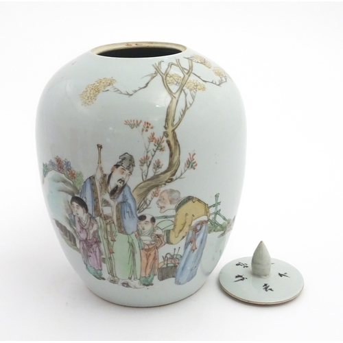 69 - A Chinese famille rose ginger jar / vase and cover of ovoid form decorated with figures in a landsca... 