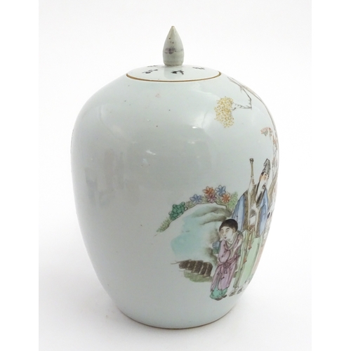 69 - A Chinese famille rose ginger jar / vase and cover of ovoid form decorated with figures in a landsca... 