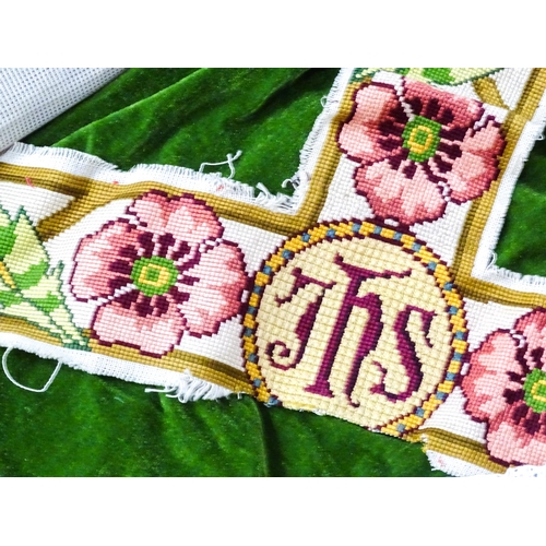 31 - A quantity of assorted textiles to include a 20thC needlework sample with letters of the alphabet by... 