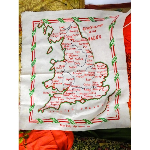 31 - A quantity of assorted textiles to include a 20thC needlework sample with letters of the alphabet by... 