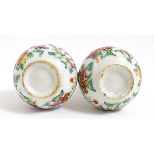 5 - A pair of small Chinese / Cantonese miniature vases decorated with birds, flowers and foliage. Appro... 