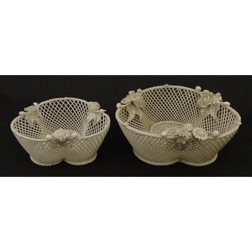 77 - Two Belleek three strand baskets of shamrock form with applied flower and leaf detail to rim. Both w... 