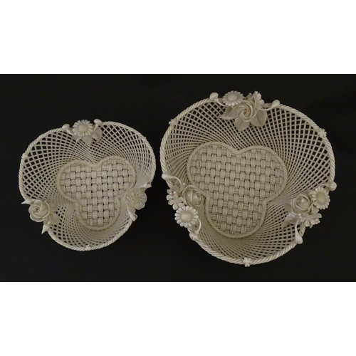 77 - Two Belleek three strand baskets of shamrock form with applied flower and leaf detail to rim. Both w... 