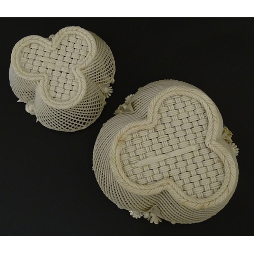 77 - Two Belleek three strand baskets of shamrock form with applied flower and leaf detail to rim. Both w... 