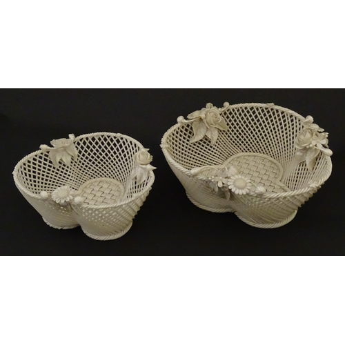 77 - Two Belleek three strand baskets of shamrock form with applied flower and leaf detail to rim. Both w... 