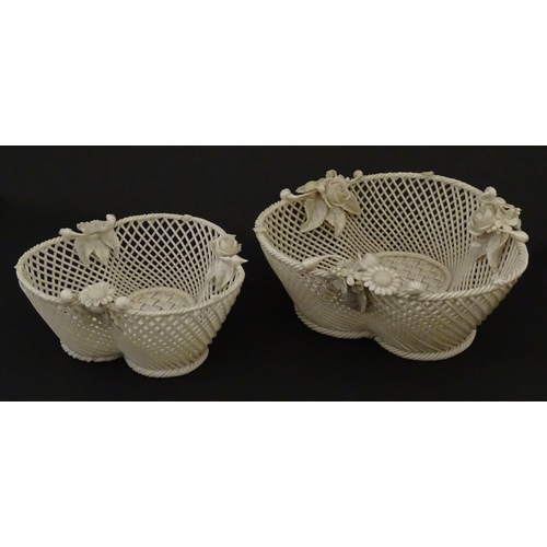 77 - Two Belleek three strand baskets of shamrock form with applied flower and leaf detail to rim. Both w... 