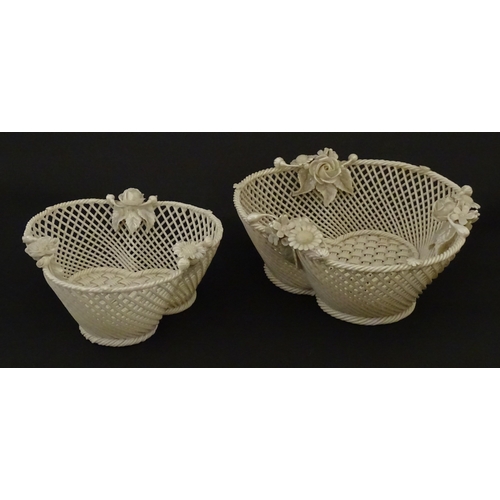 77 - Two Belleek three strand baskets of shamrock form with applied flower and leaf detail to rim. Both w... 