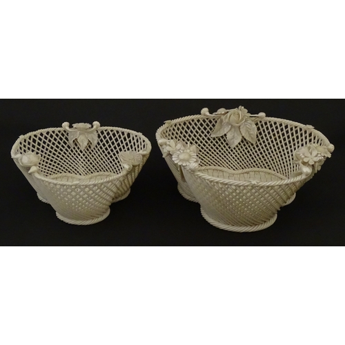 77 - Two Belleek three strand baskets of shamrock form with applied flower and leaf detail to rim. Both w... 