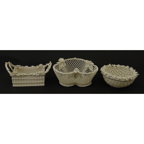 79 - Three Belleek baskets to include a three strand example of shamrock form, a round basket with applie... 