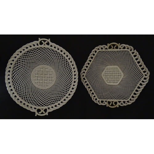 84 - Two Belleek four strand basket weave cake plates. Impressed marks under. Largest approx. 11 1/2