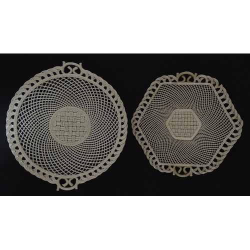 84 - Two Belleek four strand basket weave cake plates. Impressed marks under. Largest approx. 11 1/2