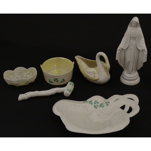 85 - A quantity of Belleek to include an Art Nouveau style butter dish with harpist lady and shamrock det... 