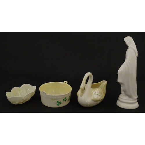 85 - A quantity of Belleek to include an Art Nouveau style butter dish with harpist lady and shamrock det... 