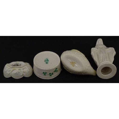 85 - A quantity of Belleek to include an Art Nouveau style butter dish with harpist lady and shamrock det... 