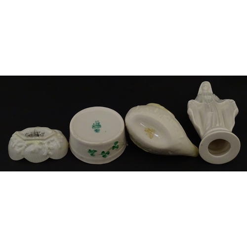 85 - A quantity of Belleek to include an Art Nouveau style butter dish with harpist lady and shamrock det... 