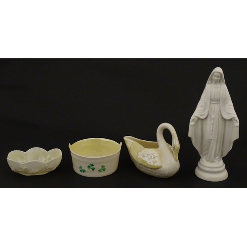 85 - A quantity of Belleek to include an Art Nouveau style butter dish with harpist lady and shamrock det... 