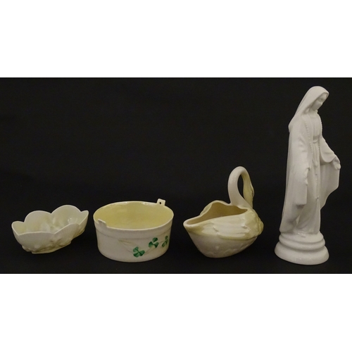 85 - A quantity of Belleek to include an Art Nouveau style butter dish with harpist lady and shamrock det... 