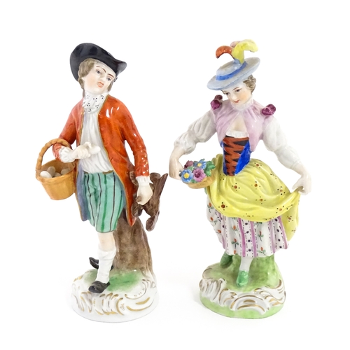 86 - Two Dresden figures comprising The Game Seller, and Lady with Flowers. Marked under. Approx. 6