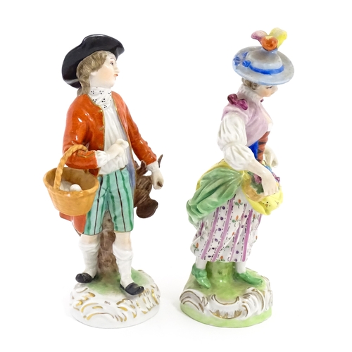 86 - Two Dresden figures comprising The Game Seller, and Lady with Flowers. Marked under. Approx. 6