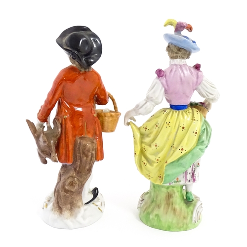 86 - Two Dresden figures comprising The Game Seller, and Lady with Flowers. Marked under. Approx. 6