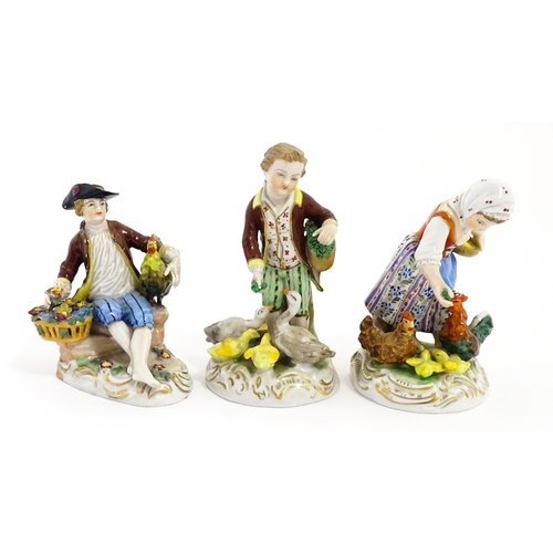 87 - Three Dresden figures comprising a Game Seller, Boy Feeding Geese, and Farm Girl with Chickens. Mark... 