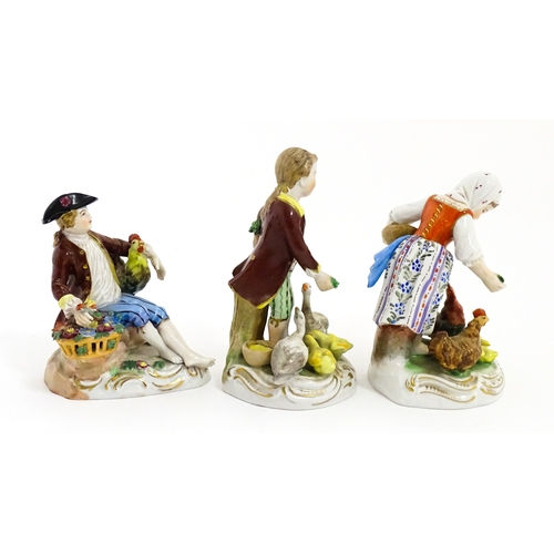 87 - Three Dresden figures comprising a Game Seller, Boy Feeding Geese, and Farm Girl with Chickens. Mark... 