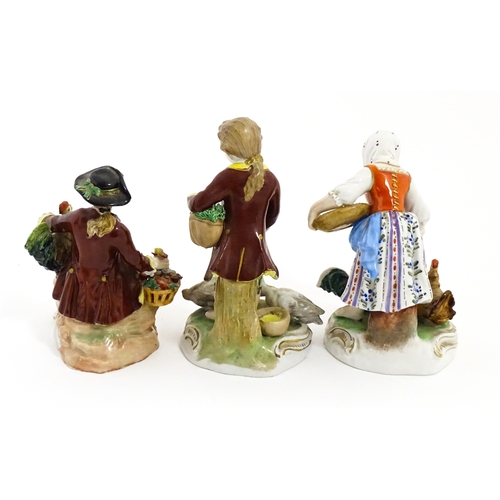 87 - Three Dresden figures comprising a Game Seller, Boy Feeding Geese, and Farm Girl with Chickens. Mark... 