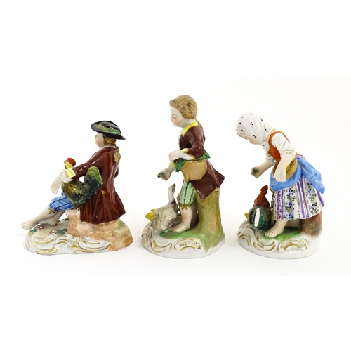 87 - Three Dresden figures comprising a Game Seller, Boy Feeding Geese, and Farm Girl with Chickens. Mark... 