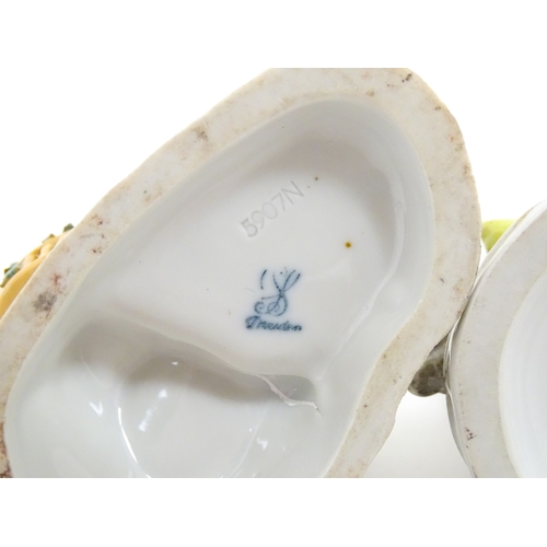 87 - Three Dresden figures comprising a Game Seller, Boy Feeding Geese, and Farm Girl with Chickens. Mark... 