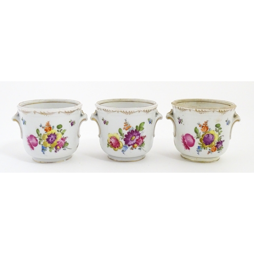 88 - Three small Dresden cache pots / planters with hand painted floral decoration. Marked under. Approx.... 