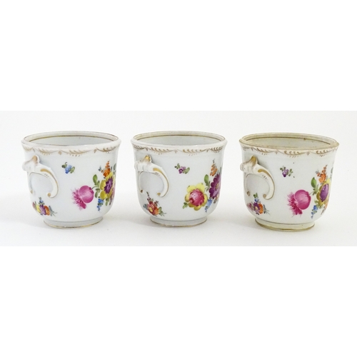 88 - Three small Dresden cache pots / planters with hand painted floral decoration. Marked under. Approx.... 