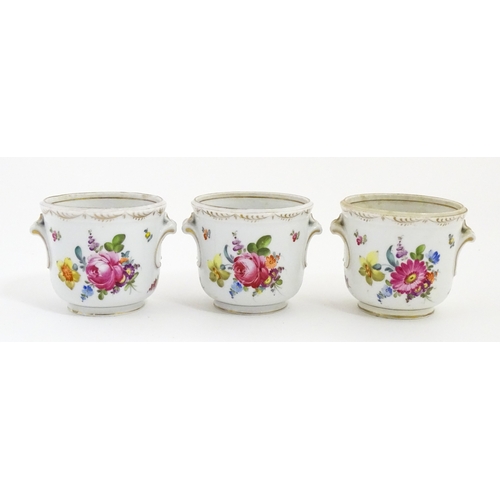 88 - Three small Dresden cache pots / planters with hand painted floral decoration. Marked under. Approx.... 