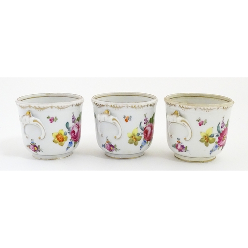 88 - Three small Dresden cache pots / planters with hand painted floral decoration. Marked under. Approx.... 