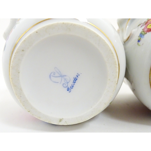 88 - Three small Dresden cache pots / planters with hand painted floral decoration. Marked under. Approx.... 