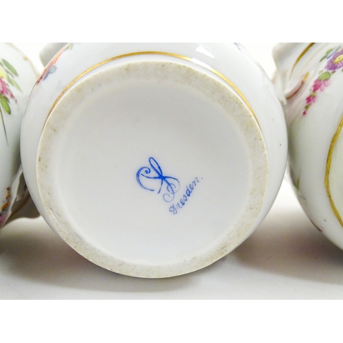 88 - Three small Dresden cache pots / planters with hand painted floral decoration. Marked under. Approx.... 