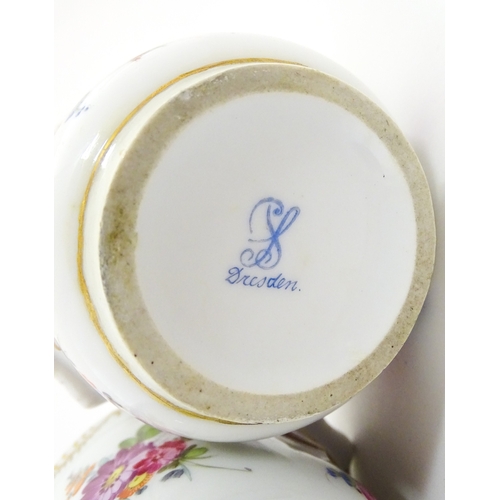 88 - Three small Dresden cache pots / planters with hand painted floral decoration. Marked under. Approx.... 