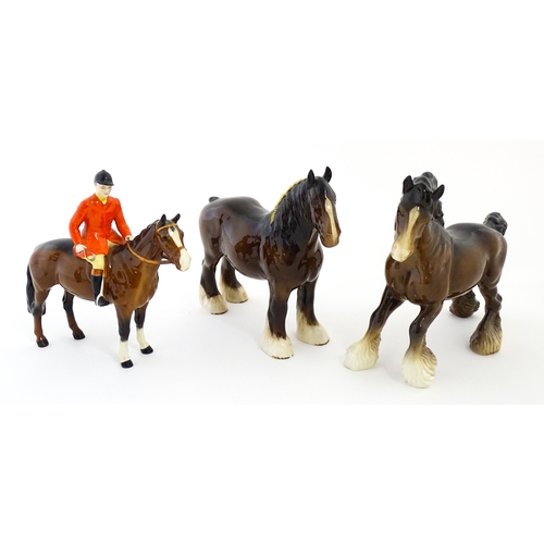98 - Three Beswick models of horses comprising Huntsman on a Brown Horse, Shire Horse, and Cantering Shir... 