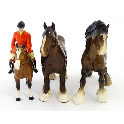 98 - Three Beswick models of horses comprising Huntsman on a Brown Horse, Shire Horse, and Cantering Shir... 