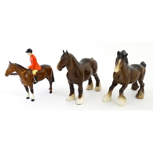 98 - Three Beswick models of horses comprising Huntsman on a Brown Horse, Shire Horse, and Cantering Shir... 