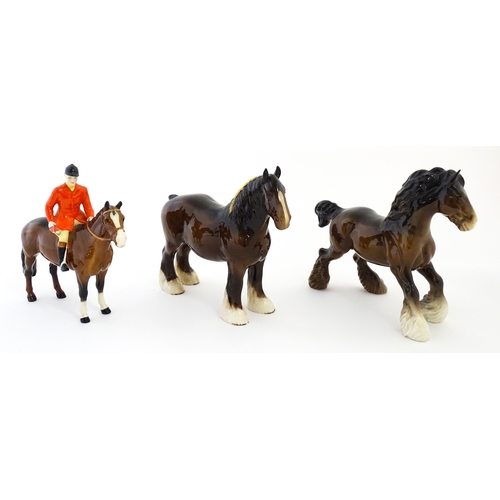 98 - Three Beswick models of horses comprising Huntsman on a Brown Horse, Shire Horse, and Cantering Shir... 