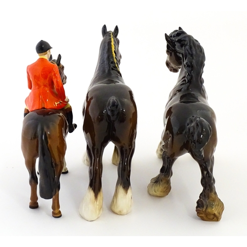 98 - Three Beswick models of horses comprising Huntsman on a Brown Horse, Shire Horse, and Cantering Shir... 