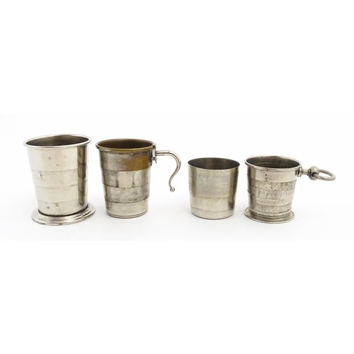 1094 - Four early 20thC silver plate collapsible stirrup cups, to include one of novelty pocket watch form.... 