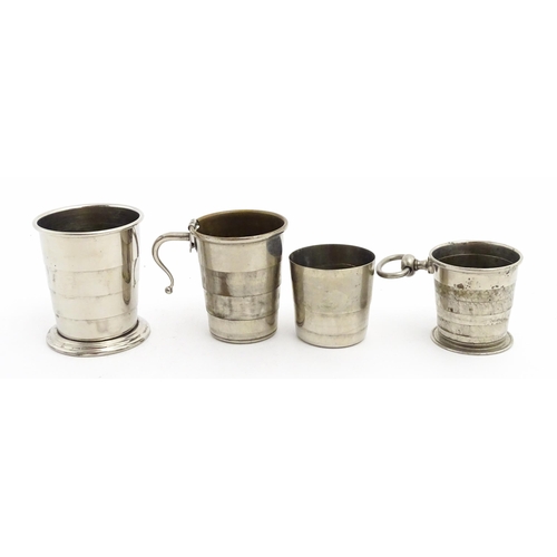 1094 - Four early 20thC silver plate collapsible stirrup cups, to include one of novelty pocket watch form.... 