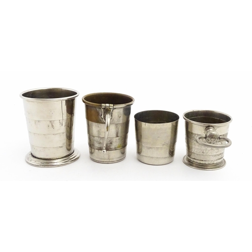 1094 - Four early 20thC silver plate collapsible stirrup cups, to include one of novelty pocket watch form.... 